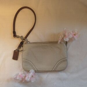 Coach Cream Leather Wristlet with Brown Strap